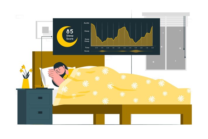 man sleeping in bed with sleep monitoring screen above him