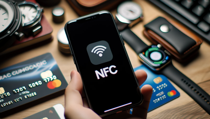 modern smartphone displaying the NFC logo prominently on its screen. In the blurred background, there are everyday items like credit cards and smartwatches
